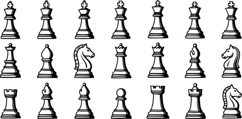 Black and White Line Art Chess Pieces Vector Set, Game Icons © pixsource