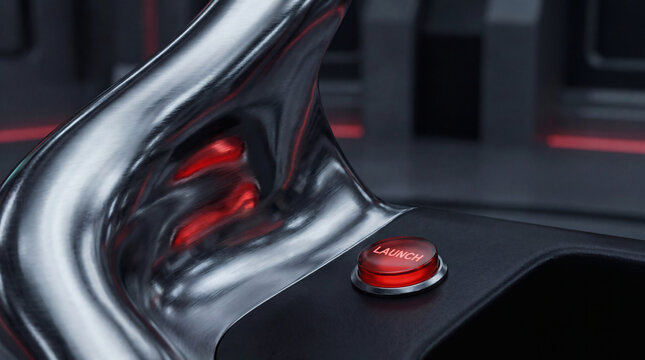 Futuristic glowing red launch button on sleek metallic control panel