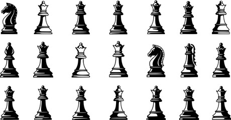 Black and White Chess Pieces Glyph Vector Icon Set for Strategy Games, Board Game Design, and Tactical Planning © pixsource