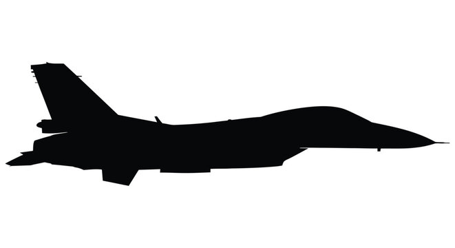 Silhouette of a modern fighter jet in flight against a white background