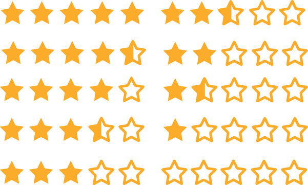 Illustrazione vettoriale di stelle di valutazione da 1 a 5 per sistemi di rating, recensioni e feedback. Ideale per interfacce UI, e-commerce, app e piattaforme di giudizio.
