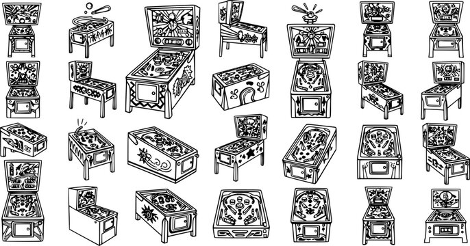 Vintage Pinball Machines Black and White Line Art Collection