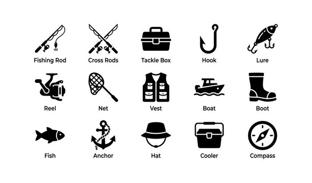 Fishing equipment icons arranged in grid on white background
