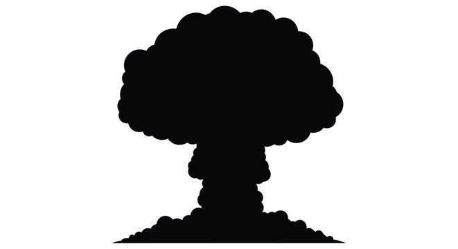 Black silhouette of a mushroom cloud against a stark white background