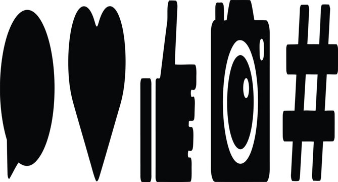 Social media symbols featuring a chat bubble, heart shape, thumb up, camera device, and hashtag sign are organized in a horizontal row for interface design projects.