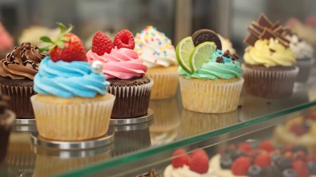 Colorful sweet cupcakes displayed beautifully inside bakery showcase with creamy frosting decorations today