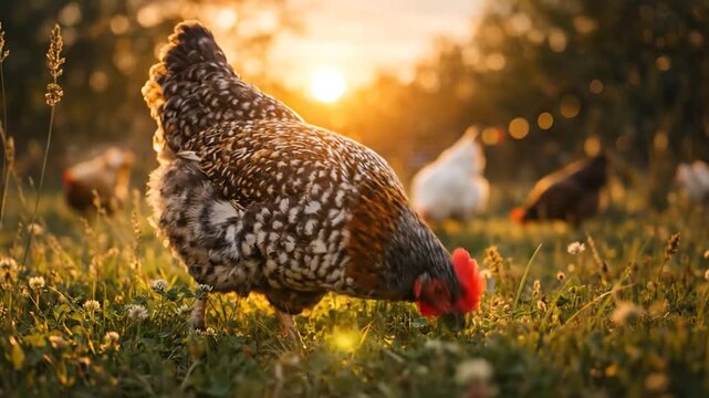Free range chicken walking naturally through grassy countryside field during warm golden sunset hours
