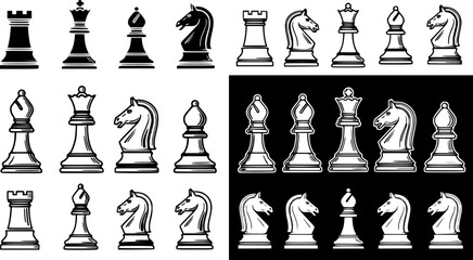 Black and White Chess Pieces Vector Icons Set. Collection of Strategy Game Symbols in Line Art, Glyph, and Silhouette Styles for Board Games. © pixsource