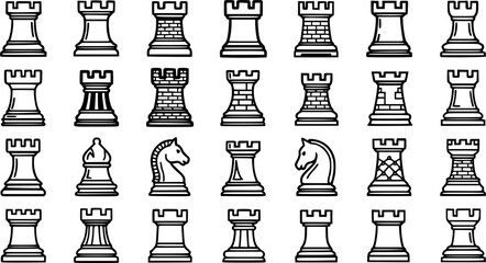 Diverse Chess Rooks Line Art Icons Set for Strategy Games  Hobbies. Outline Vector Collection of Tower Pieces. © pixsource