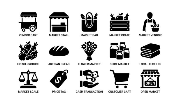 Market and vendor icons depicting stalls products and commerce