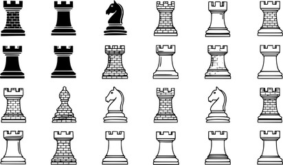 Black and White Chess Pieces Vector Icon Set. Line Art and Glyph Styles of Rooks, Knights, Bishop for Strategy Board Games and Hobbies. © pixsource
