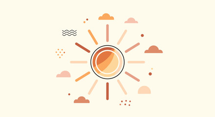 Obraz premium A stylized, abstract illustration of a radiant sun with surrounding clouds and decorative elements on a light background.