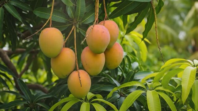 Tropical mango fruits hanging peacefully among dense green leaves during sunny harvest season