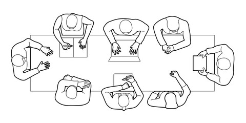 set of people meeting top view without chair, minimalist outline plan drawings for architectural style. businessman brainstorming in conference room for business office concept. © SR