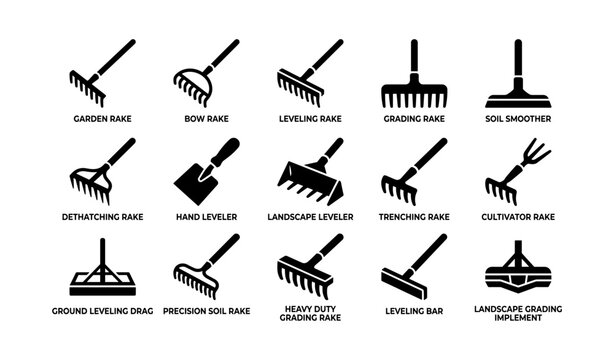 Various garden rakes and leveling tools displayed on white background