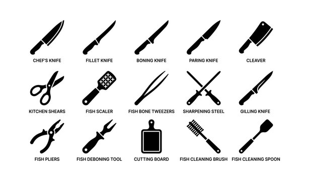 Assorted kitchen knives and tools arranged on white background