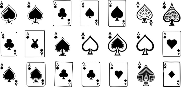 Black and White Line Art Ace Playing Cards Symbols - Spades, Hearts, Clubs, Diamonds