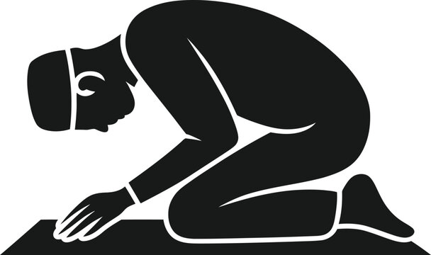 muslim man prostrating silhouette vector, islamic sujood prayer icon, black religious symbol isolated on white background