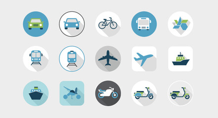 A collection of flat design icons representing various modes of transportation, including cars, trains, airplanes, and boats. © pria