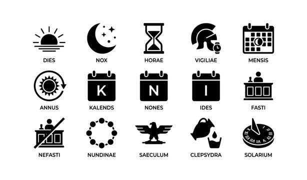 Calendar and time symbols with latin labels on white background