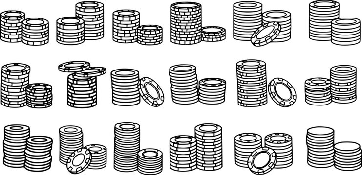 Black  White Line Art Icons of Gambling Casino Poker Chips Stacks. Vector Outline Glyph Collection for Gaming  Entertainment Industry Assets.