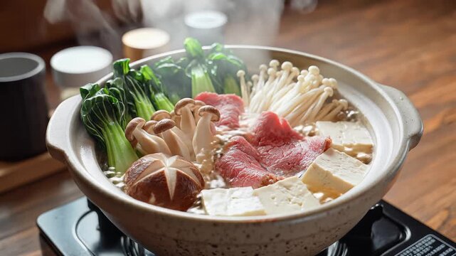 Delicious Japanese Hot Pot Meal Steaming Hot on a Stove.