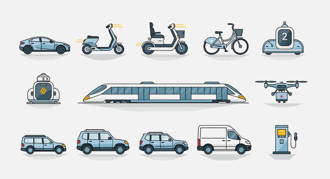 A comprehensive collection of modern and traditional transportation vehicles including cars, scooters, bicycles, trains, drones, and a fuel station.