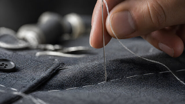 Detail of professional hand stitching on premium wool fabric. This 3D render captures the essence of bespoke tailoring, traditional craftsmanship, and high-end fashion design.