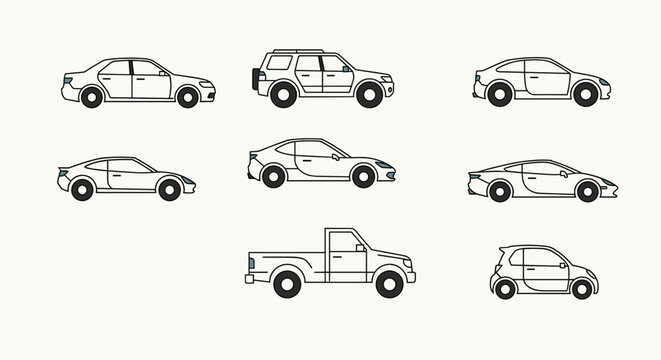 Collection of minimalist line art icons depicting various types of cars and vehicles, including sedans, SUVs, sports cars, and pickup trucks.
