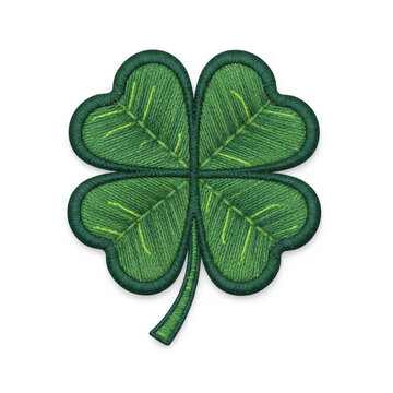 Four leaf clover embroidery patch isolated on white background. Shamrock symbol of good luck and fortune. Decorative applique for st. Patrick day. Botanical nature element design.