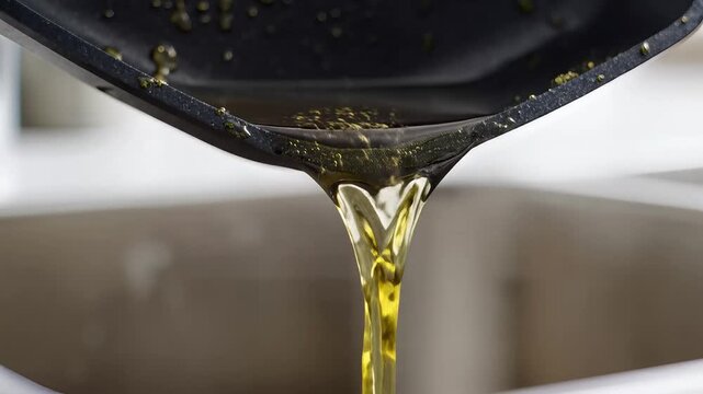 Golden Oil Pouring from a Black Pan Closeup.