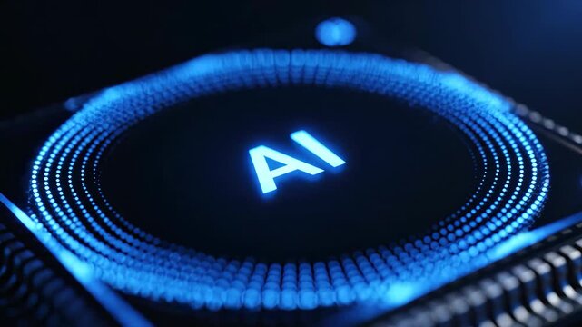 Futuristic video footage of a glowing artificial intelligence icon on a high-tech microprocessor.