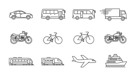 A collection of diverse transportation vehicles depicted in a clean, minimalist line art style, showcasing various modes of travel. © pria
