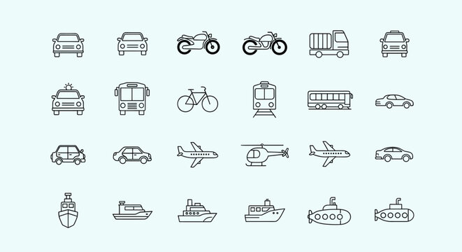 A comprehensive collection of line art icons depicting various modes of transportation including land, air, and sea vehicles.
