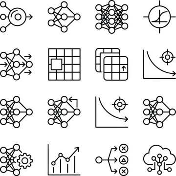 Minimalist line of neural networks, artificial intelligence, and data flow diagrams in black and white