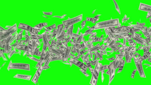 Banknotes money flying 3d animation. Green screen 4k