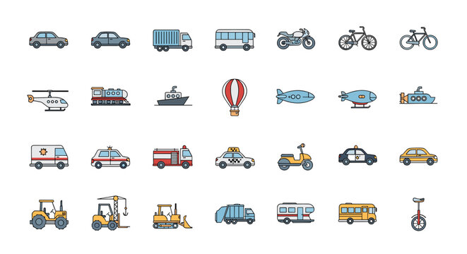 A comprehensive collection of various transportation vehicles, including cars, trucks, buses, motorcycles, bicycles, aircraft, and watercraft.