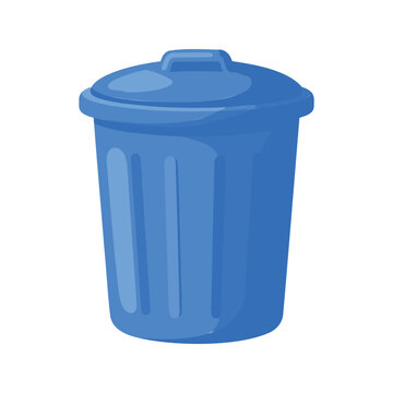 Bright blue plastic trash can with lid on a white background is isolated