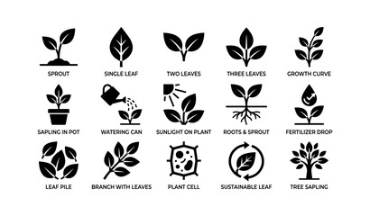 Obraz premium Plant growth and sustainability icons showing leaves roots and tree