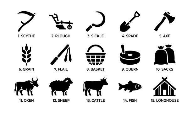 Agricultural tools and animals shown in labeled grid on white