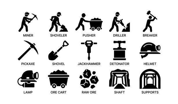 Mining and excavation icons showing tools equipment and shaft