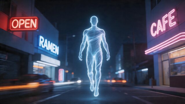 Hologram figure on neonlit street