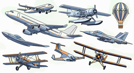 A diverse collection of aircraft, including commercial jets, seaplanes, fighter jets, biplanes, and a futuristic concept vehicle, alongside a hot air balloon. © pria