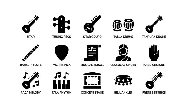 Indian classical music icons depicting instruments in grid