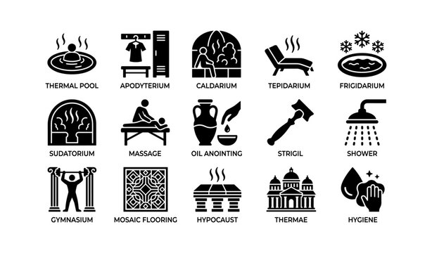 Spa and roman bath icons displayed as labeled grid
