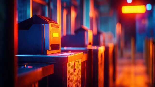 A dimly lit corridor featuring rows of electronic boxes illuminated by vibrant, colorful lights