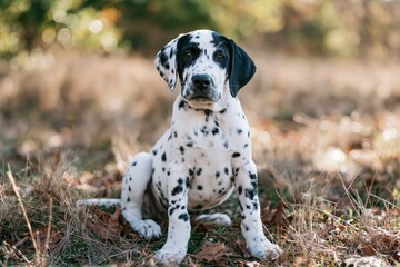 Fototapeta premium Dalmatian puppy sitting on leaf covered grass during autumn outdoors