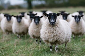 Fototapeta premium Lead blackfaced sheep approaching camera on pasture landscape