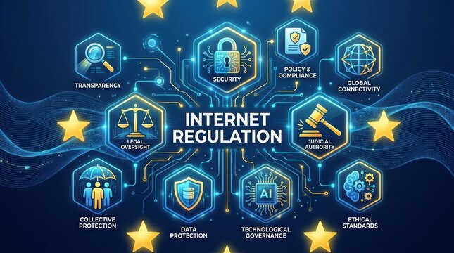 Digital internet regulation concept featuring glowing icons representing legal oversight and essential cybersecurity data protection standards