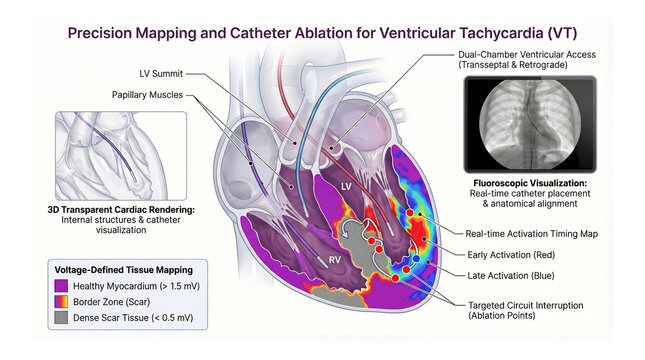 Catheter ablation for ventricular tachycardia (VT) &ndash; Long and thin catheters are inserted through blood vessels to reach the heart's ventricles, requiring no chest incisions -&ndash; Medical Visualization